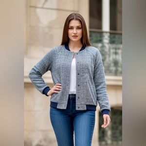 Isaac Mizrahi Women's Navy Tweed Bomber Jacket in 2X